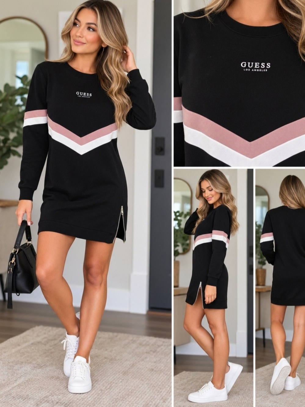 GUESS Black Sweatshirt Dress with Pink and White Chevron